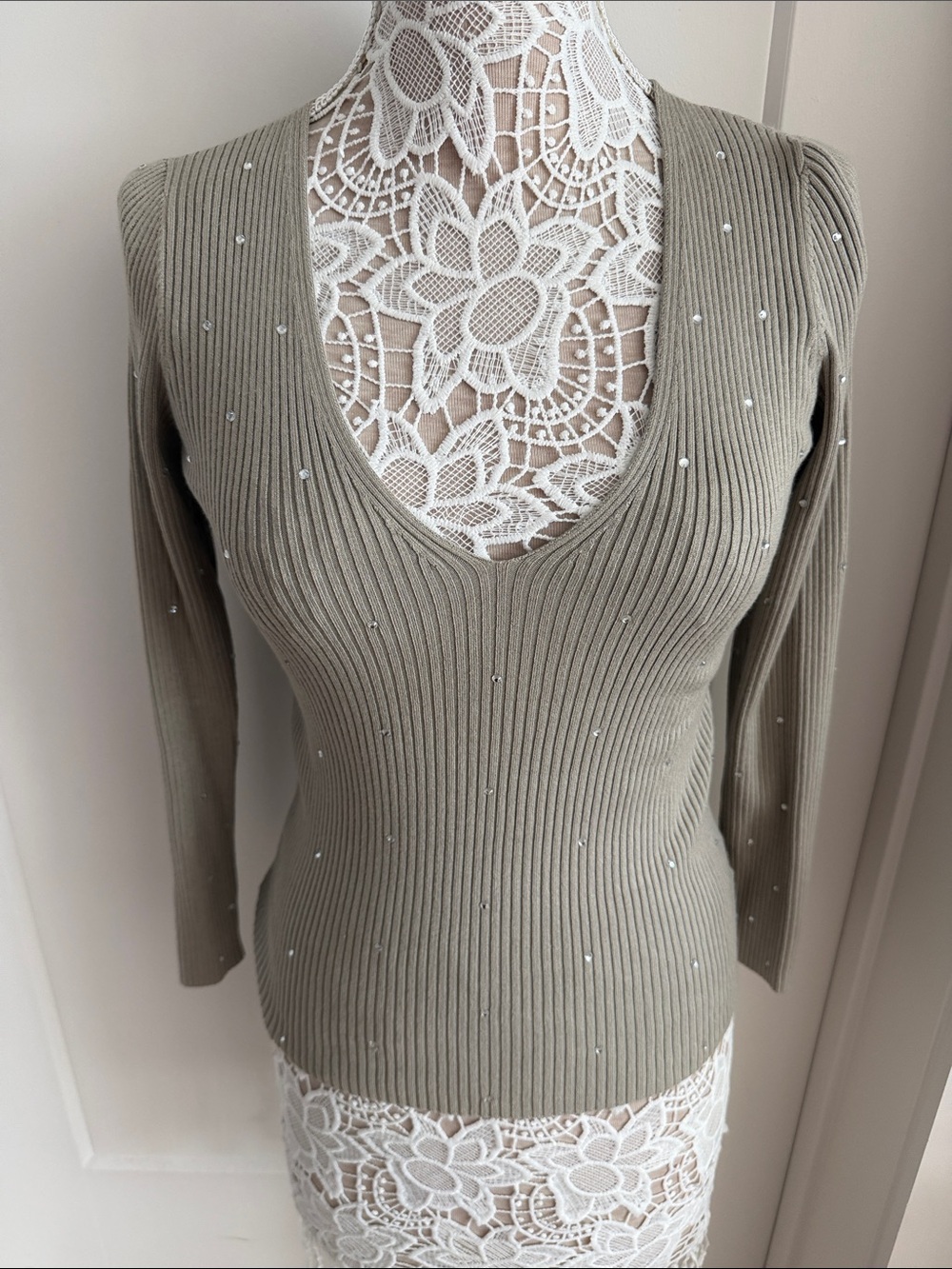 Express Olive Green Ribbed V-Neck Sweater with Stud Details